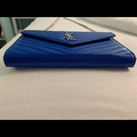 YSL Saint Laurent Patent Electric Blue Matelasse Wallet on Chain - Picture 2 of 11